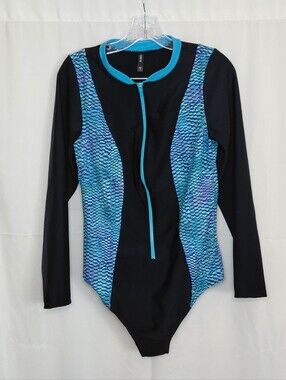 torrid 1x Like New Black One-Piece Swimsuit Rash Guard W/ Blue Teal Scale Panels